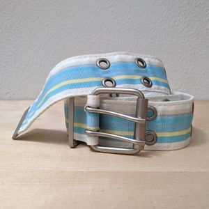 NWOT Y2k/2000s blue & white stripe canvas belt with silver buckle & grommets